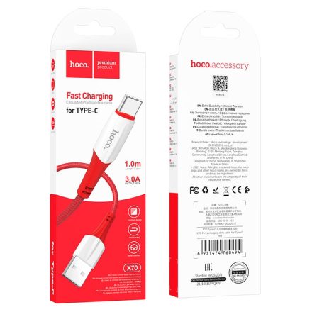 Hoco X70 Ferry USB Type-C Kábel 3A 1M Piros